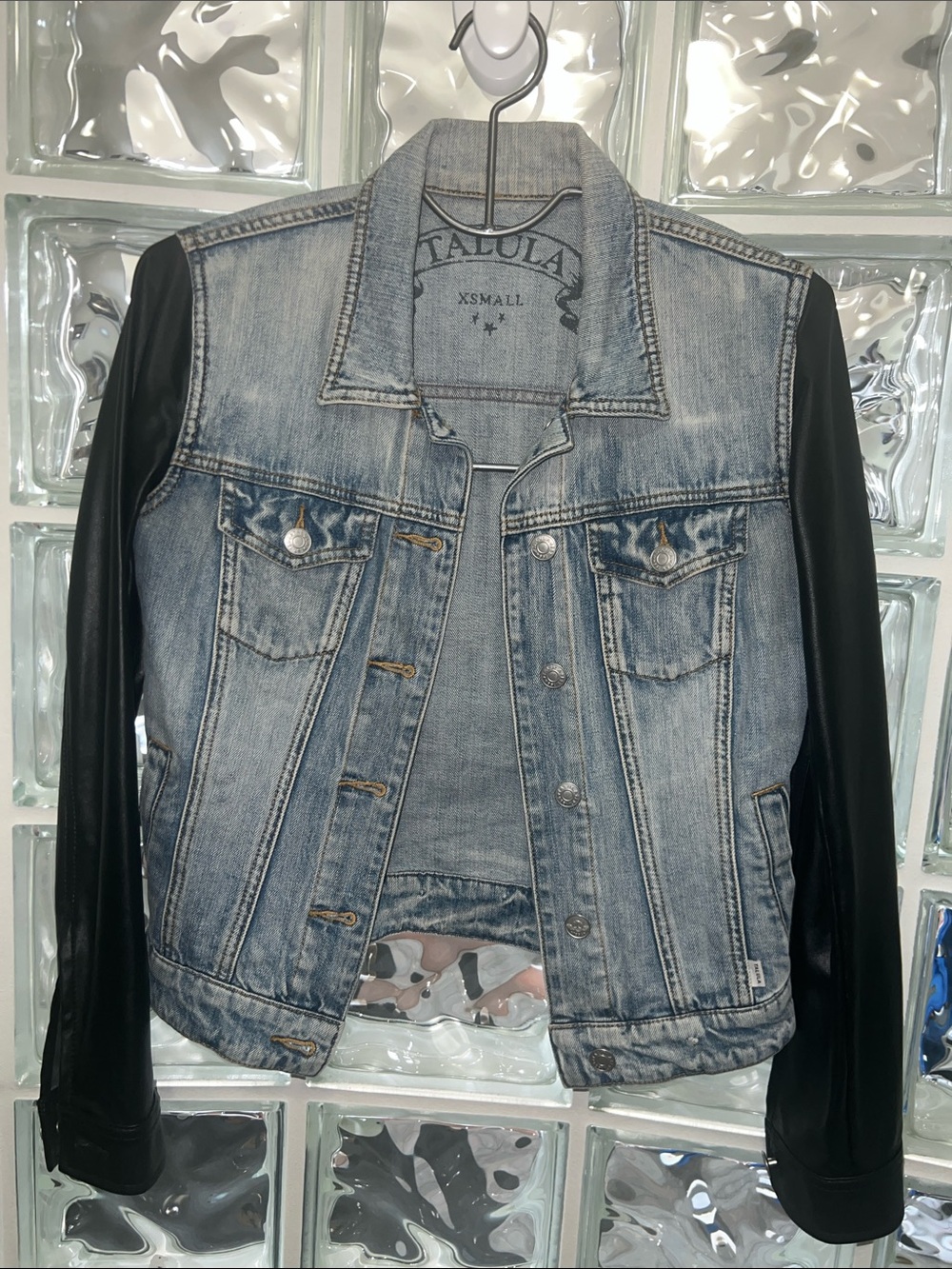 Talula Light Blue Denim Jacket with Faux Black Leather Sleeves xsmall